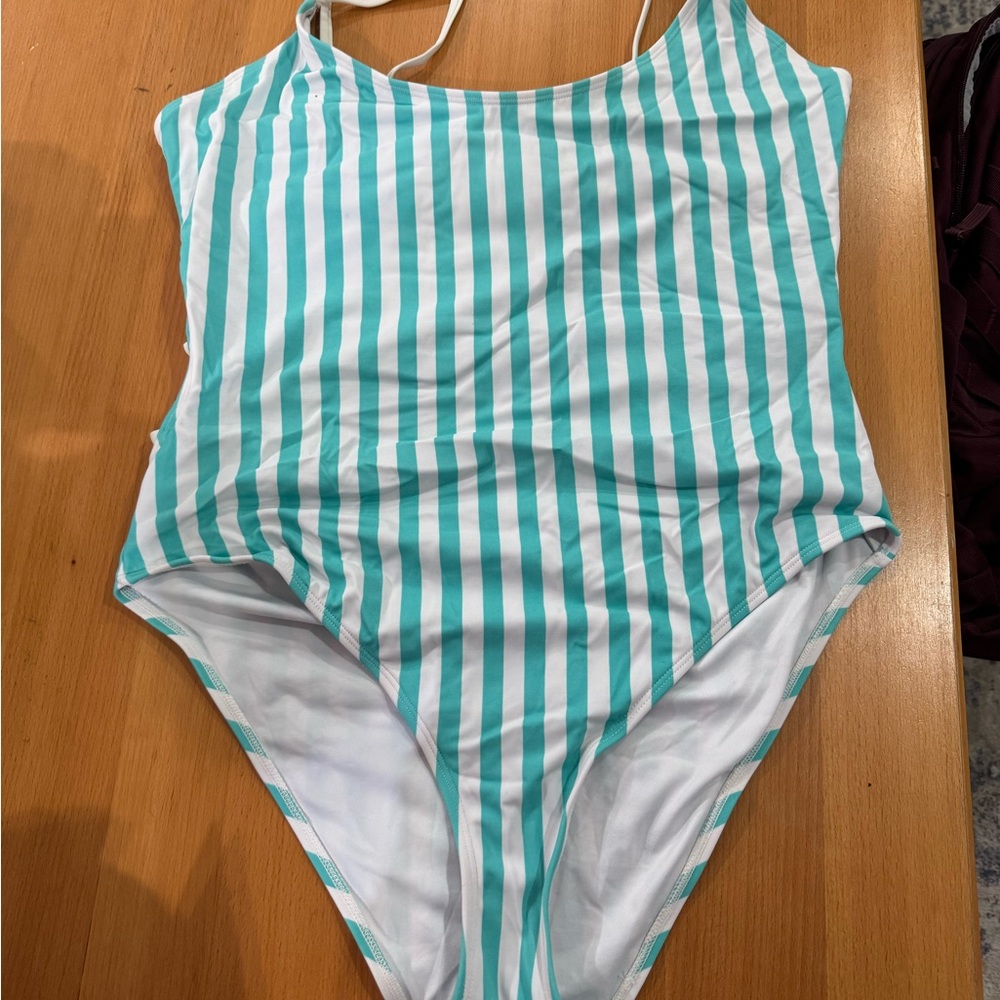 Aqua and White Striped One Piece Swimsuit, 2X, Forever 21